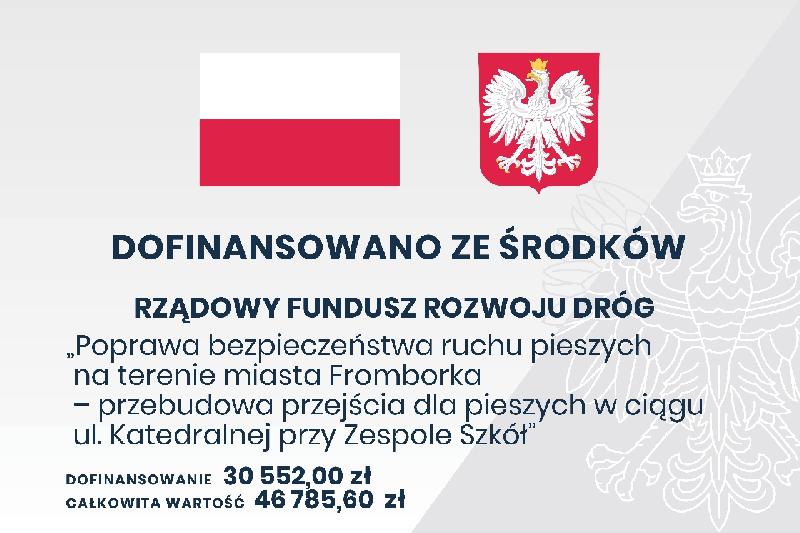 Flaga i Godło Polski z napisami o dofinansowaniu ze srodków RFRD